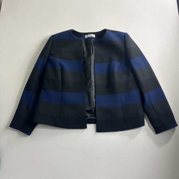 Tahari ASL Levine Blue Gray Black Stripe Collarless Blazer Jacket ColorBlock 14W - Picture 1 of 7